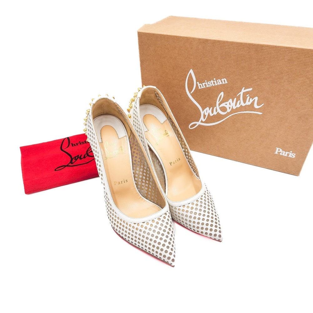 Christian Louboutin Guni 100 White Latte Leather Gold Spiked Pumps EU 38 - Picture 10 of 10